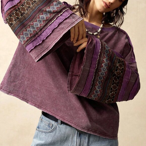 Multicolor Casual Women's Knit Patchwork Round Neck Long Sleeve Loose T-Shirt - Picture 8 of 8